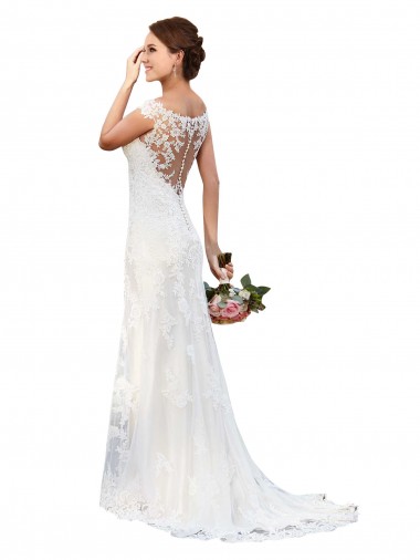 Achetez Blanc Fourreau Bateau Illusion Dentelle Robes de mariée
