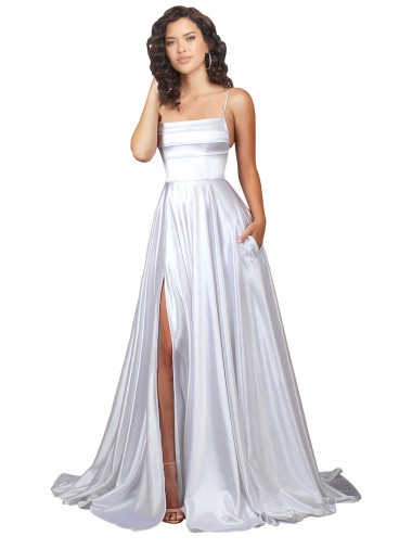 Achetez Blanc Trapèze Bretelles spaghetti Satiné Stretch Simple Plage Robes de mariée
