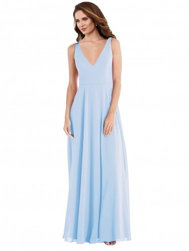 Achetez Bleu ciel clair Trapèze Col V Mousseline Longue Robes demoiselle d'honneur