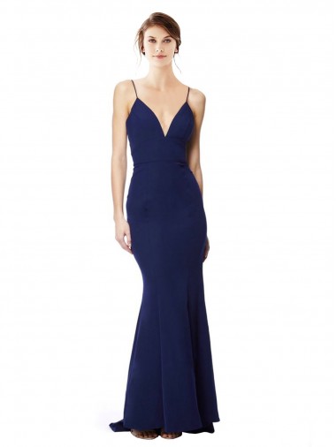 Achetez Bleu marine Sirène Bretelles spaghetti Col V Crêpe Stretch Longue Formelles Robes demoiselle d'honneur / Robes de soirée / Robes de bal