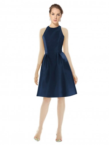 Achetez Bleu marine foncé Trapèze Licou Satiné Courte Robes demoiselle d'honneur / Robes de cocktail