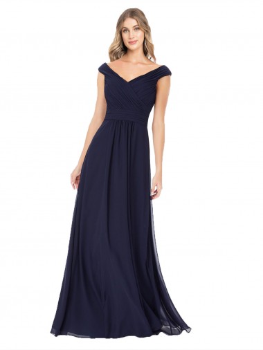 Achetez Bleu marine foncé Trapèze Épaule Dénudée Mousseline Longue Robes demoiselle d'honneur