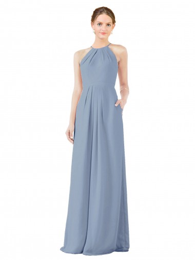 Achetez Bleu poussiéreux Fourreau Licou Col Haut Mousseline Longue Robes demoiselle d'honneur