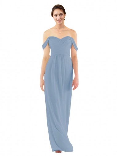 Achetez Bleu poussiéreux Fourreau Épaule Dénudée Mousseline Longue Robes demoiselle d'honneur
