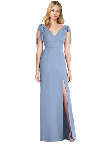 Achetez Bleu poussiéreux Sirène Col V Mousseline Longue Robes demoiselle d'honneur