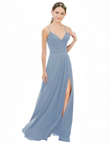 Achetez Bleu poussiéreux Trapèze Bretelles spaghetti Col V Mousseline Dentelle Longue Robes demoiselle d'honneur