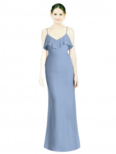Achetez Bleu poussiéreux Trapèze Bretelles spaghetti Col V Mousseline Longue Robes demoiselle d'honneur