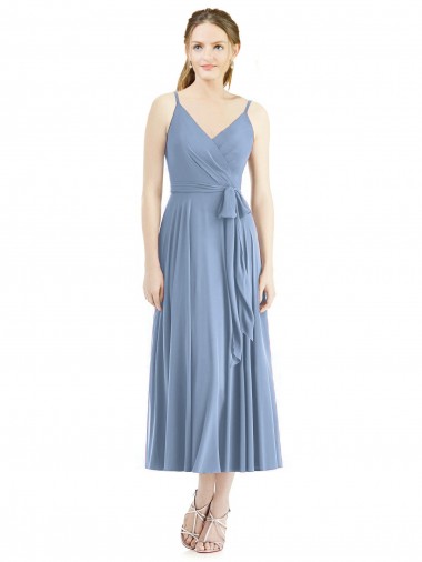 Achetez Bleu poussiéreux Trapèze Bretelles spaghetti Mousseline Courte Robes demoiselle d'honneur