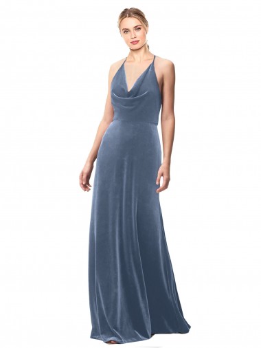 Achetez Bleu poussiéreux Trapèze Bretelles spaghetti Velours Stretch Longue Robes demoiselle d'honneur / Robes de bal