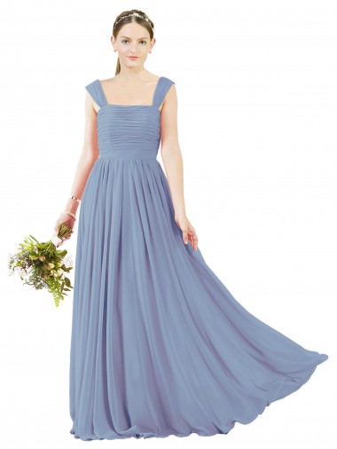 Achetez Bleu poussiéreux Trapèze Col Carré Mousseline Longue Robes demoiselle d'honneur