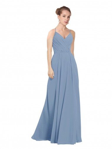 Achetez Bleu poussiéreux Trapèze Col V Mousseline Longue Robes demoiselle d'honneur