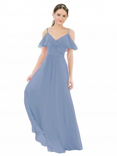 Achetez Bleu poussiéreux Trapèze Col V Mousseline Longue Robes demoiselle d'honneur