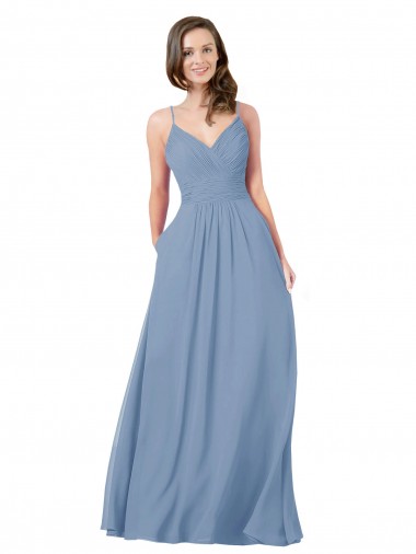 Achetez Bleu poussiéreux Trapèze Col V Mousseline Longue Robes demoiselle d'honneur