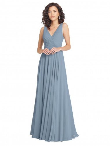 Achetez Bleu poussiéreux Trapèze Col V Mousseline Longue Robes demoiselle d'honneur