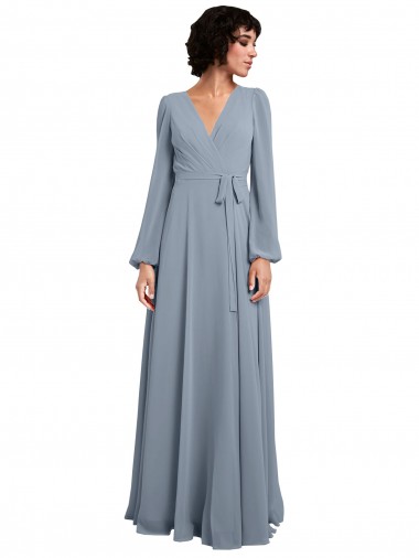 Achetez Bleu poussiéreux Trapèze Col V Mousseline Longue Robes demoiselle d'honneur