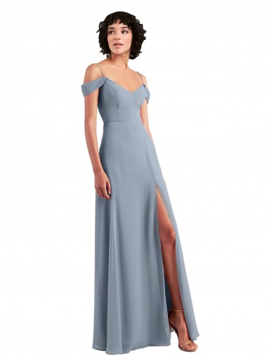 Achetez Bleu poussiéreux Trapèze Épaule Dénudée Bretelles spaghetti Mousseline Longue Robes demoiselle d'honneur