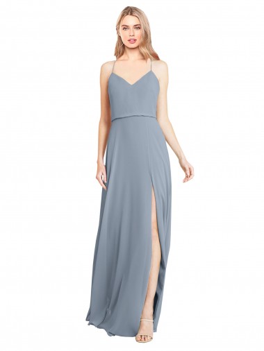 Achetez Bleu poussiéreux Trapèze Épaule Dénudée Bretelles spaghetti Mousseline Longue Robes demoiselle d'honneur