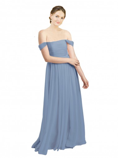 Achetez Bleu poussiéreux Trapèze Épaule Dénudée Mousseline Longue Robes demoiselle d'honneur