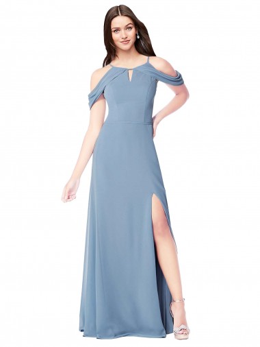 Achetez Bleu poussiéreux Trapèze Épaule Dénudée Mousseline Longue Robes demoiselle d'honneur