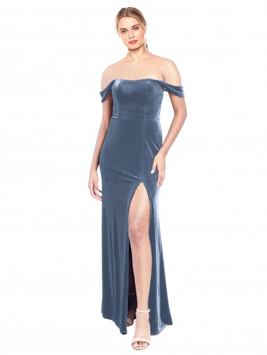 Achetez Bleu poussiéreux Trapèze Épaule Dénudée Sans bretelle Velours Stretch Longue Robes demoiselle d'honneur / Robes de bal