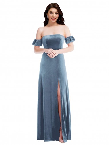 Achetez Bleu poussiéreux Trapèze Épaule Dénudée Velours Stretch Longue Robes demoiselle d'honneur / Robes de bal