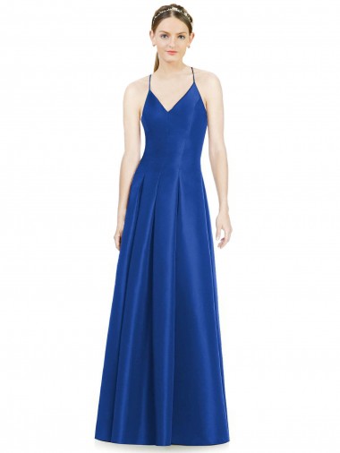 Achetez Bleu roi Trapèze Bretelles spaghetti Col V Satiné Longue Robes demoiselle d'honneur