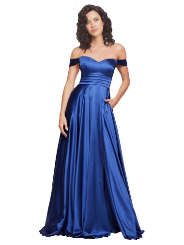 Achetez Bleu roi Trapèze Épaule Dénudée Balayage train Satiné Stretch Longue Formelles Robes demoiselle d'honneur / Robes de soirée / Robes de bal