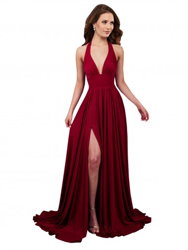 Achetez Bordeaux Trapèze Licou Col V Spandex Longue Formelles Robes demoiselle d'honneur / Robes de soirée / Robes de bal