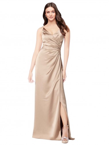 Achetez Champagne Rose Trapèze Bretelles spaghetti Col V Satiné Soyeux Longue Formelles Robes demoiselle d'honneur / Robes de soirée / Robes de bal