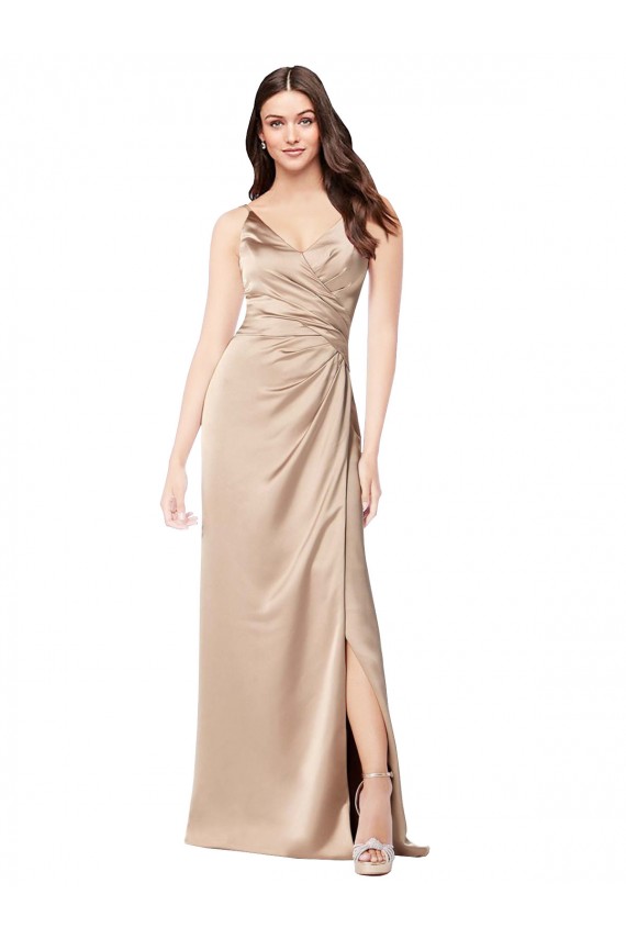 Achetez Champagne Rose Trapèze Bretelles spaghetti Col V Satiné Soyeux Longue Formelles Robes demoiselle d'honneur / Robes de soirée / Robes de bal