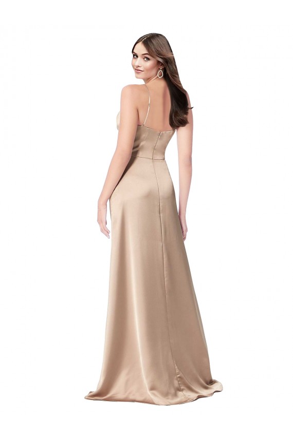 Achetez Champagne Rose Trapèze Bretelles spaghetti Col V Satiné Soyeux Longue Formelles Robes demoiselle d'honneur / Robes de soirée / Robes de bal
