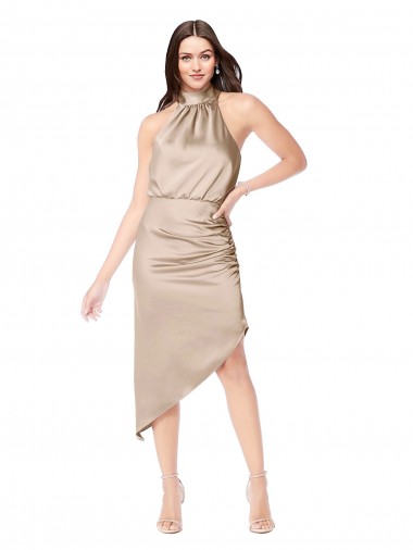 Achetez Champagne Rose Trapèze Licou midi Satiné Soyeux Courte Asymétrique Robes demoiselle d'honneur / Robes de bal / Robes de cocktail