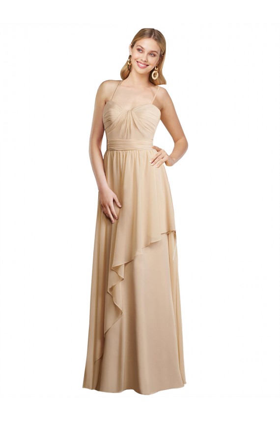Achetez Champagne Trapèze Bretelles spaghetti Mousseline Longue Robes demoiselle d'honneur