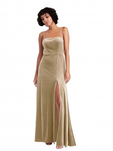 Achetez Champagne Trapèze Col Carré Velours Stretch Longue Formelles Robes demoiselle d'honneur / Robes de soirée / Robes de bal