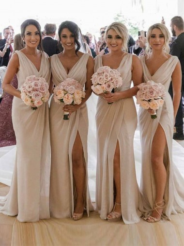 Achetez Champagne Trapèze Col V Mousseline Longue Robes demoiselle d'honneur