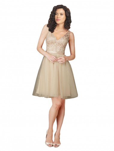 Achetez Champagne Trapèze Col V Tulle Dentelle Courte Robes demoiselle d'honneur