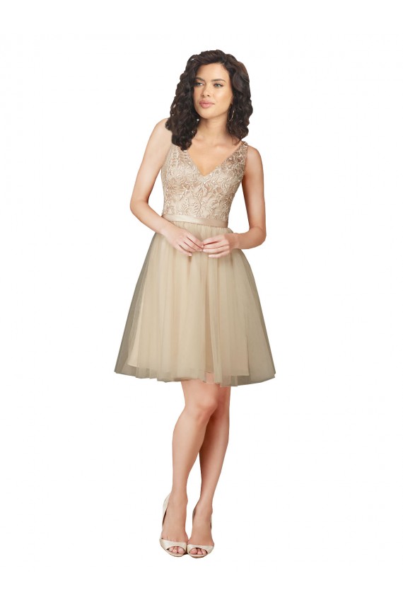 Achetez Champagne Trapèze Col V Tulle Dentelle Courte Robes demoiselle d'honneur