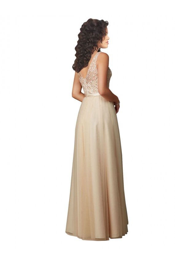 Achetez Champagne Trapèze Col V Tulle Dentelle Longue Robes demoiselle d'honneur
