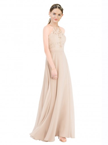 Achetez Champagne Trapèze Licou Col Haut Mousseline Dentelle Longue Robes demoiselle d'honneur / Robes de bal