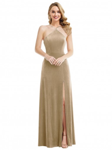 Achetez Champagne Trapèze Licou Col Haut Velours Stretch Longue Robes demoiselle d'honneur / Robes de bal