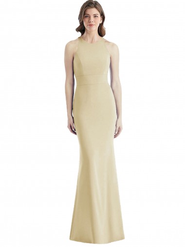 Achetez Champagne Trompette Bateau Crêpe Stretch Longue Robes demoiselle d'honneur / Robes de bal