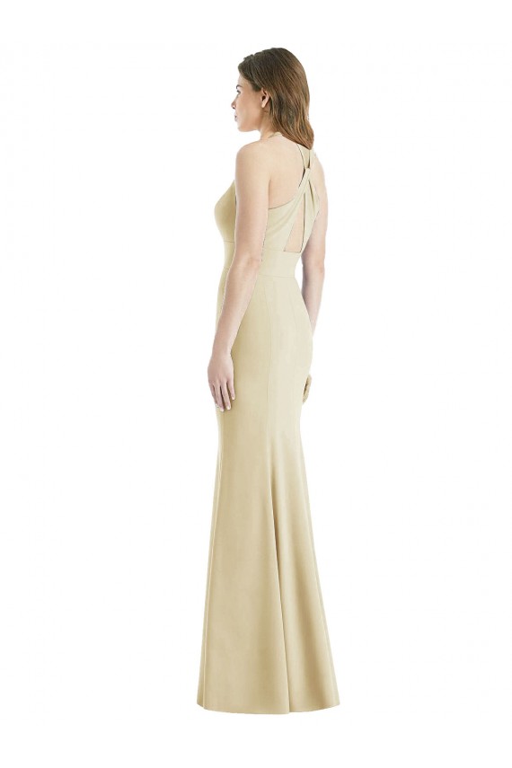 Achetez Champagne Trompette Bateau Crêpe Stretch Longue Robes demoiselle d'honneur / Robes de bal