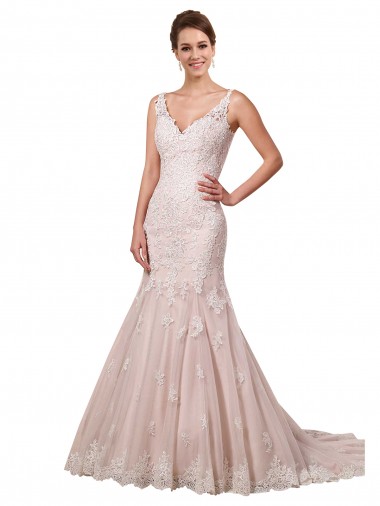 Achetez Ivoire & Blush Sirène Col V Tulle Dentelle Robes de mariée