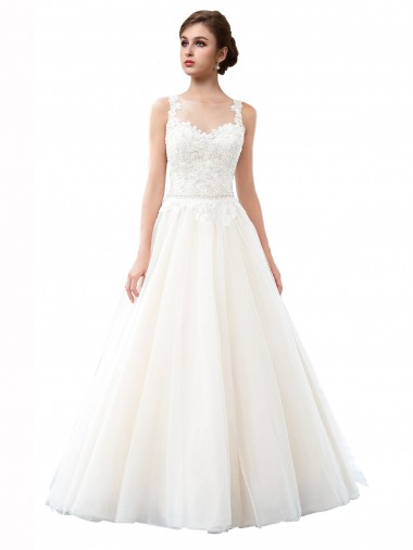 Achetez Ivoire Trapèze Illusion Traîne cathédrale Tulle Dentelle Plage Robes de mariée