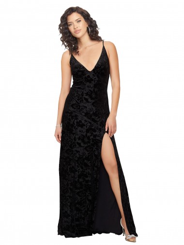 Achetez Noir Fourreau Col V Velours Floral Velours Stretch Longue Robes demoiselle d'honneur