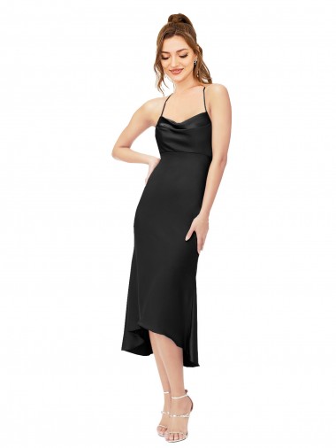 Achetez Noir Fourreau midi Satiné Soyeux Courte Asymétrique Robes demoiselle d'honneur / Robes de soirée / Robes de cocktail