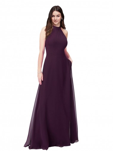 Achetez Pourpre Trapèze Licou Col Haut Mousseline Longue Robes demoiselle d'honneur