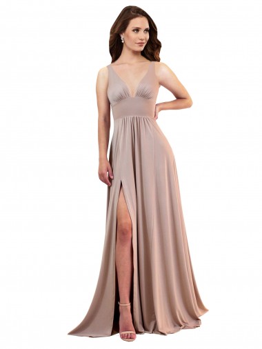 Achetez Rose poussiéreux Trapèze Col V Spandex Longue Formelles Robes demoiselle d'honneur / Robes de soirée / Robes de bal
